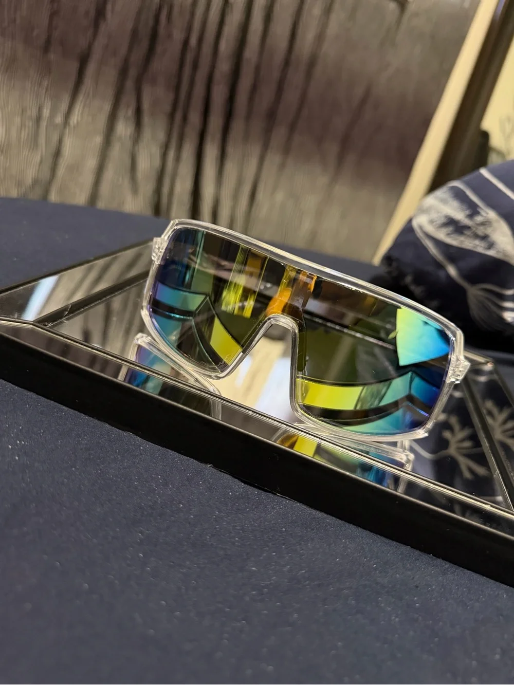 Men's Clear Shield Sunglasses with Blue-Green Mirrored Lens